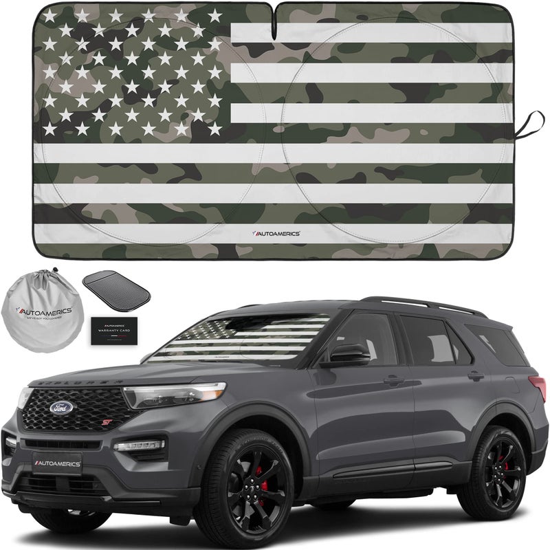 Autoamerics 1-Piece Windshield Sun Shade Green Camo American Flag USA Design - Foldable Car Front Window Sunshade for Most Sedans SUV Truck - Blocks Max UV Rays and Keeps Your Vehicle Cool - Medium - Image 1