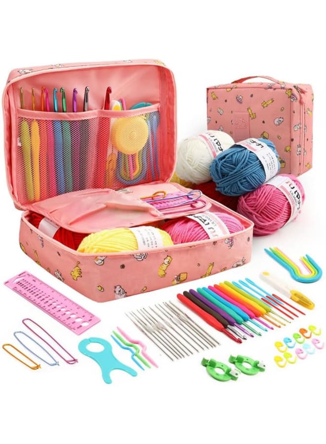 مجموعات الكروشيه للمبتدئين البالغين، تتضمن مجموعة أدوات الحياكة للمبتدئين خطافات كروشيه معدنية مقاس 0.6-6.0 مم، وصوف، وحقيبة وإكسسوارات الحياكة، ومجموعة خطافات كروشيه للأطفال، ومجموعة أدوات كروشيه للمبتدئين (وردي) - Image 1