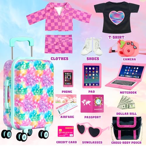 ARTST 18 inch Doll Clothes Accessories Girl Suitcase Luggage Travel Set-Doll Clothing Hat Handbag Sunglasses Camera Computer Passport Cell Phone for Christmas Birthday(NO Doll) - Image 2