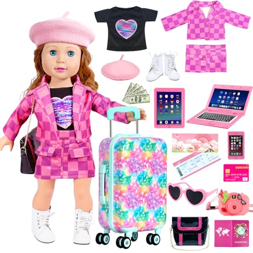 ARTST 18 inch Doll Clothes Accessories Girl Suitcase Luggage Travel Set-Doll Clothing Hat Handbag Sunglasses Camera Computer Passport Cell Phone for Christmas Birthday(NO Doll) - Image 1