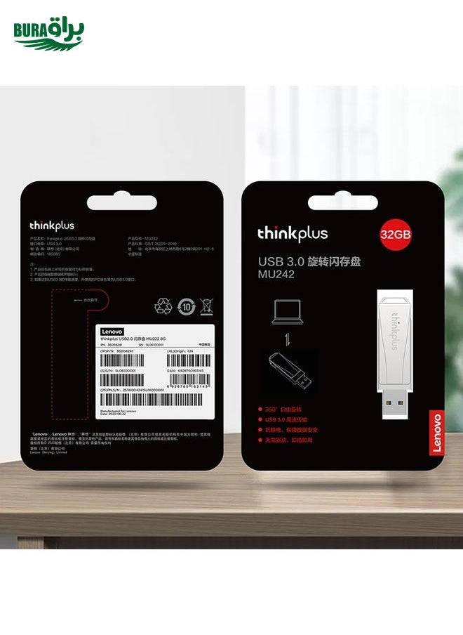 BURAQ - Lenovo Thinkplus USB 3.0 Rotating Flash Drive, Memory:256GB(Silver) - Image 1