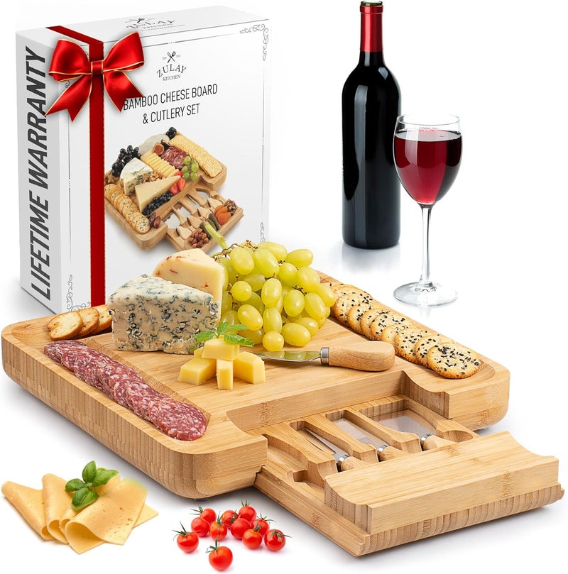 Zulay Kitchen Premium Bamboo Cheese Board Set  Extra Thick Bamboo Charcuterie Board Set with 4 Piece Knife Set  Wooden Cheese Board is Perfect for Charcuterie Wine and Cheese Party Set - Image 1