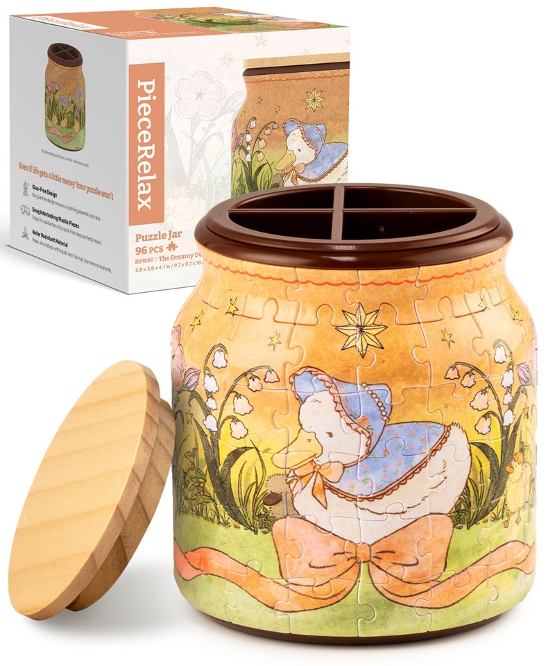 PieceRelax 3D Puzzle Jar 96 Plastic Pieces for Adults The Dreamy Duck Use Includes Divider as Pen and Utensils Holder with Wooden Lid for Kitchen Dining Study Living Room Medium BB1050 - Image 3