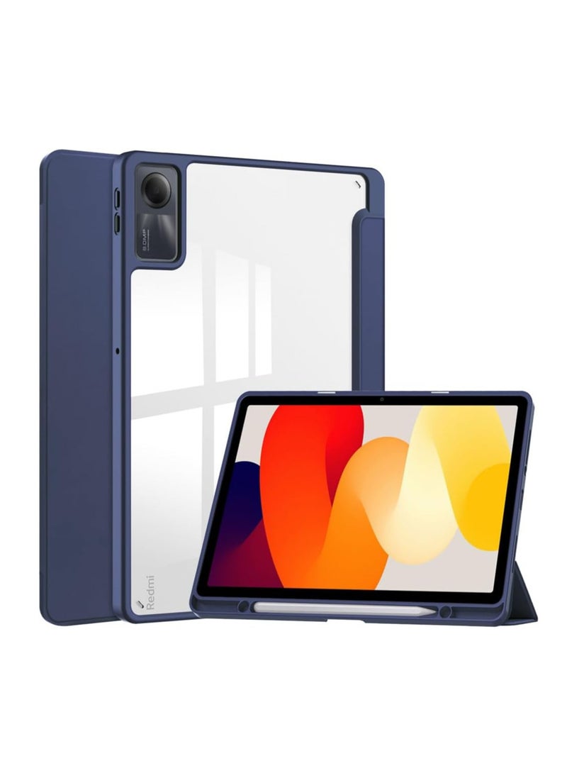 Redmi Pad SE 11" Case, Clear Back Transparent with Pen Holder, Redmi Pad se Cover, Tablet Case with Auto Sleep Function, Trifold Stand, Shockproof, Lightweight (Redmi Pad SE, Dark Blue) - Image 1