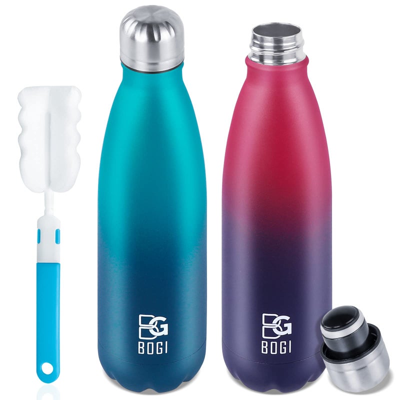 BOGI Insulated Water Bottle 17oz 2 Pack Stainless Steel Water Bottles Leak Proof Sports Metal Water Bottles Keep Drink Cold for 24 Hours and Hot for 12 Hours BPA Free kids water bottle for School