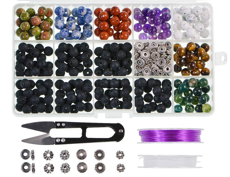 LPBeads Natural Stone Beads Box Set Kits 8mm Round Loose Gemstone Natural Amethyst Lave Stone Assorted Color with Accessories Tools for Bracelet Jewelry Making - Image 1