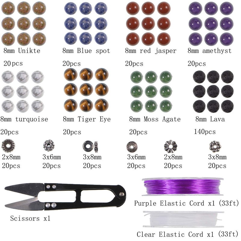 LPBeads Natural Stone Beads Box Set Kits 8mm Round Loose Gemstone Natural Amethyst Lave Stone Assorted Color with Accessories Tools for Bracelet Jewelry Making - Image 2