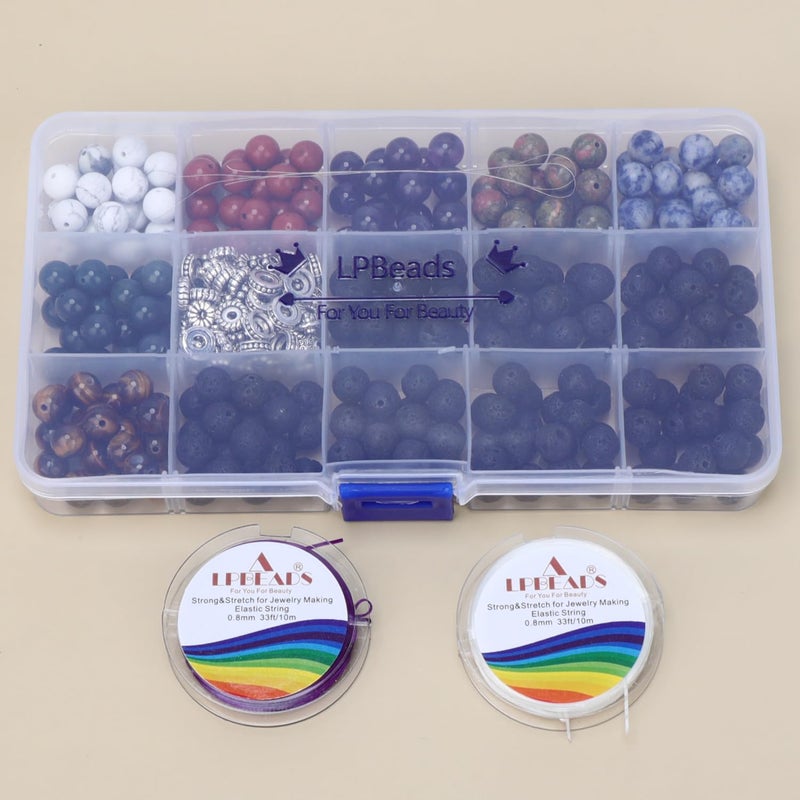 LPBeads Natural Stone Beads Box Set Kits 8mm Round Loose Gemstone Natural Amethyst Lave Stone Assorted Color with Accessories Tools for Bracelet Jewelry Making - Image 5