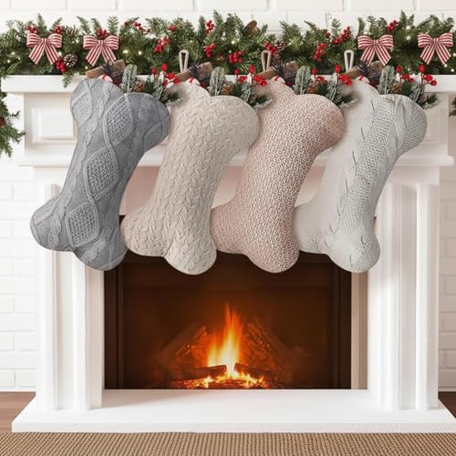 ShinyMatch 4 Pack Dog Christmas Stockings 18 Inch Large Double Side Knitted Socks Boho Farmhouse White Gray Beige Bone Shape Hanging Dog Christmas Stockings for Fireplace Xmas Party Dogs Pets - Image 1