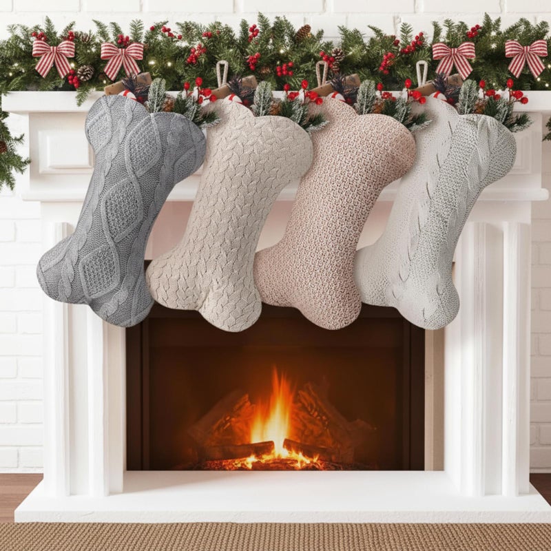 ShinyMatch 4 Pack Dog Christmas Stockings 18 Inch Large Double Side Knitted Socks Boho Farmhouse White Gray Beige Bone Shape Hanging Dog Christmas Stockings for Fireplace Xmas Party Dogs Pets - Image 2