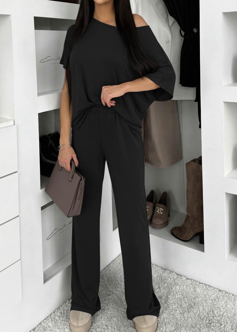 KIRUNDO Lounge Sets for Women Airport Travel Outfit 2026 Summer Off the Shoulder Tops Wide Leg Pants 2 Piece Matching Set(Black, Small) - Image 2