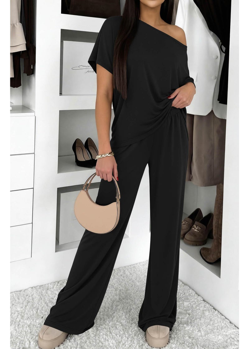 KIRUNDO Lounge Sets for Women Airport Travel Outfit 2026 Summer Off the Shoulder Tops Wide Leg Pants 2 Piece Matching Set(Black, Small) - Image 3