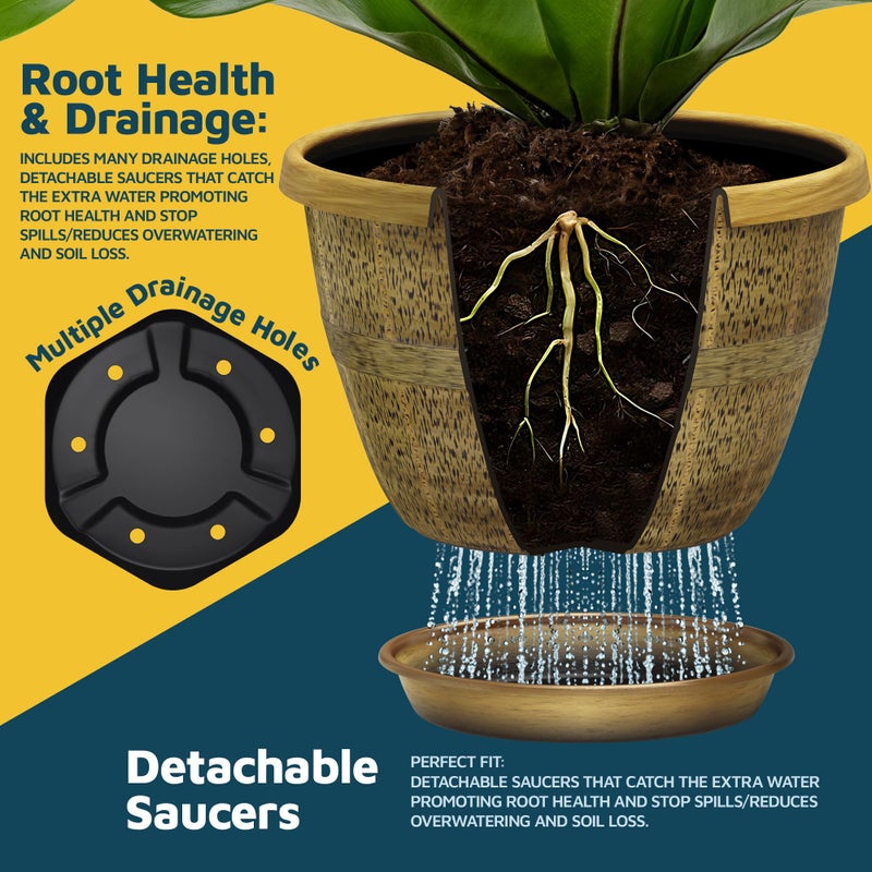 LifeMaster 10-Inch Whiskey Barrel Planters Outdoor Pack of 10 - Durable Plastic Plant Pots for Indoor & Outdoor Use with Drainage & Saucer, Lightweight Rustic Barrel Planters for Flowers, Herbs & Small Plants - Image 4