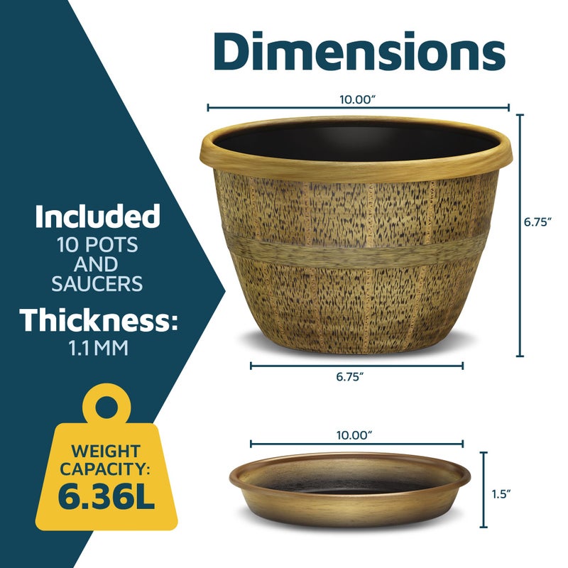 LifeMaster 10-Inch Whiskey Barrel Planters Outdoor Pack of 10 - Durable Plastic Plant Pots for Indoor & Outdoor Use with Drainage & Saucer, Lightweight Rustic Barrel Planters for Flowers, Herbs & Small Plants - Image 2