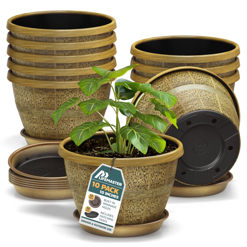 LifeMaster 10-Inch Whiskey Barrel Planters Outdoor Pack of 10 - Durable Plastic Plant Pots for Indoor & Outdoor Use with Drainage & Saucer, Lightweight Rustic Barrel Planters for Flowers, Herbs & Small Plants - Image 1