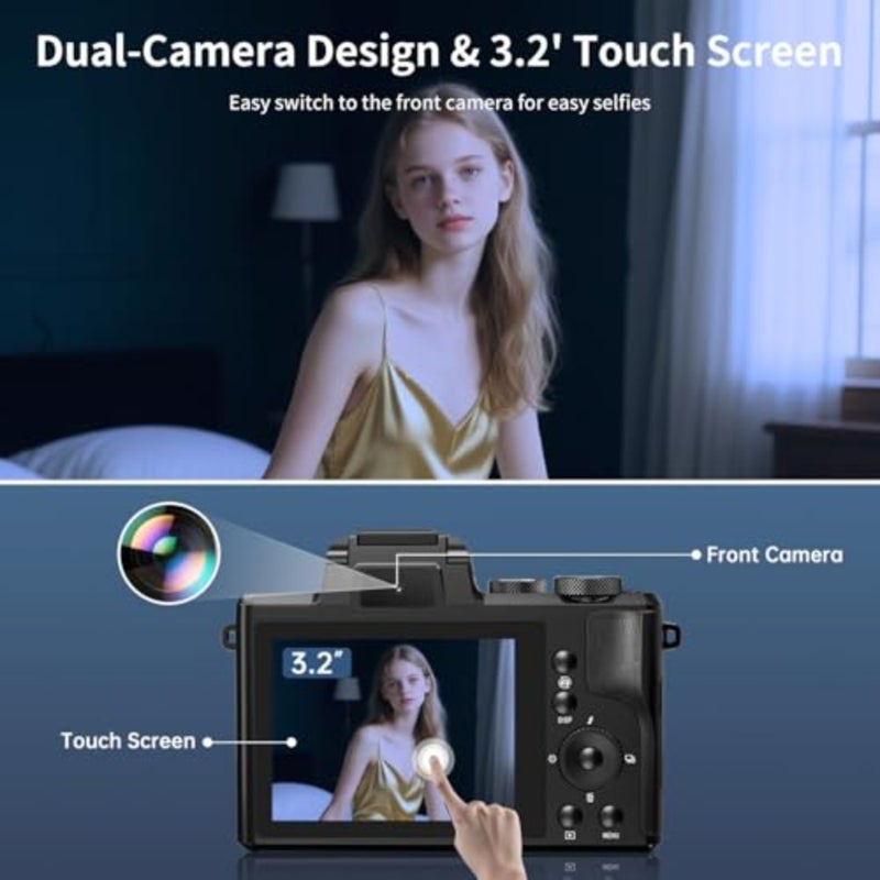 كاميرات رقمية بدقة 8K للتصوير الفوتوغرافي - كاميرا تسجيل فيديو واي فاي بدقة 88 ميجابكسل للتركيز التلقائي لليوتيوب مع عدسة مزدوجة - كاميرا تسجيل فيديو بتكبير رقمي 16X مع غطاء عدسة، فلاش، شاشة تعمل باللمس، بطاريتان، بطاقة TF سعة 32 جيجابايت - Image 4