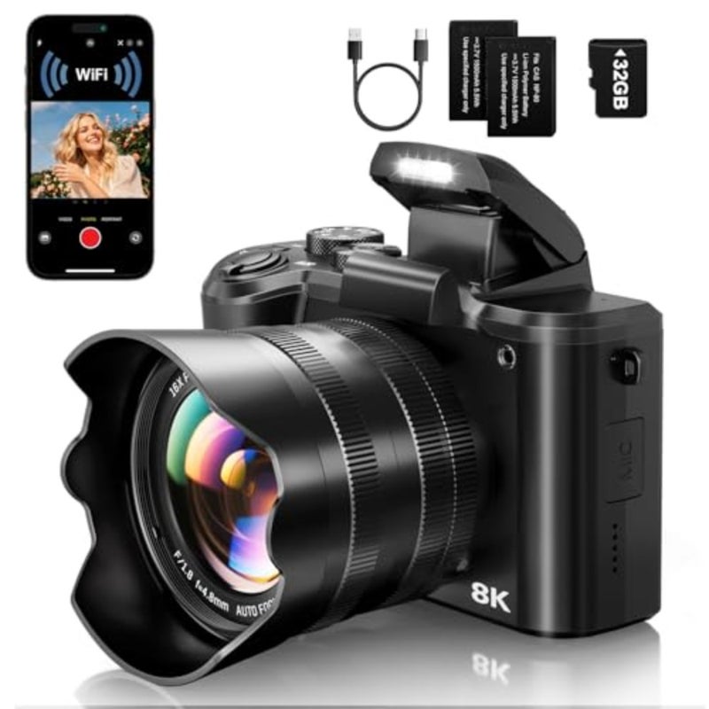 كاميرات رقمية بدقة 8K للتصوير الفوتوغرافي - كاميرا تسجيل فيديو واي فاي بدقة 88 ميجابكسل للتركيز التلقائي لليوتيوب مع عدسة مزدوجة - كاميرا تسجيل فيديو بتكبير رقمي 16X مع غطاء عدسة، فلاش، شاشة تعمل باللمس، بطاريتان، بطاقة TF سعة 32 جيجابايت - Image 1