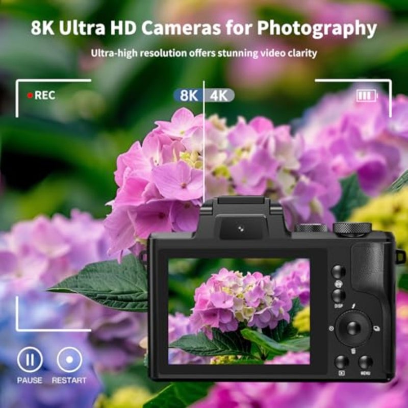 كاميرات رقمية بدقة 8K للتصوير الفوتوغرافي - كاميرا تسجيل فيديو واي فاي بدقة 88 ميجابكسل للتركيز التلقائي لليوتيوب مع عدسة مزدوجة - كاميرا تسجيل فيديو بتكبير رقمي 16X مع غطاء عدسة، فلاش، شاشة تعمل باللمس، بطاريتان، بطاقة TF سعة 32 جيجابايت - Image 2