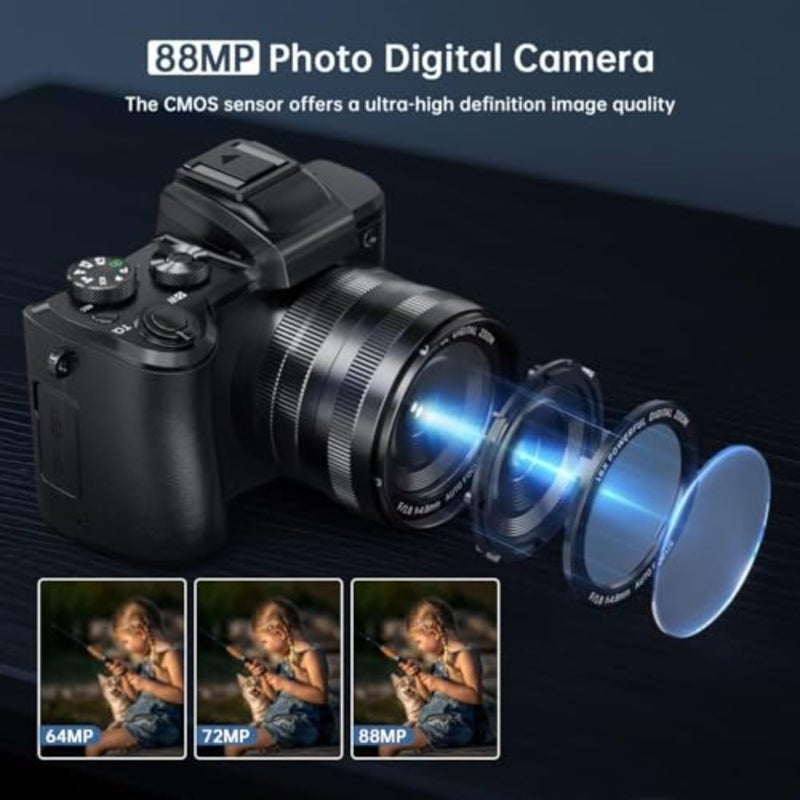 كاميرات رقمية بدقة 8K للتصوير الفوتوغرافي - كاميرا تسجيل فيديو واي فاي بدقة 88 ميجابكسل للتركيز التلقائي لليوتيوب مع عدسة مزدوجة - كاميرا تسجيل فيديو بتكبير رقمي 16X مع غطاء عدسة، فلاش، شاشة تعمل باللمس، بطاريتان، بطاقة TF سعة 32 جيجابايت - Image 3