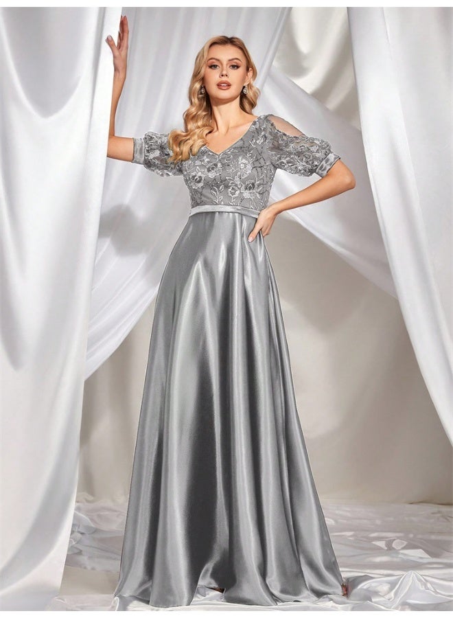 Madam Uniq Silver - Grey Embroidered Mesh - Sleeve V - Neck Maxi Gown  - Image 5