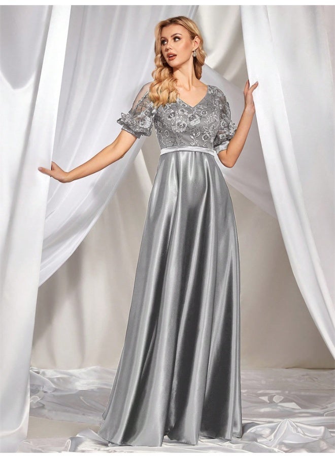 Madam Uniq Silver - Grey Embroidered Mesh - Sleeve V - Neck Maxi Gown  - Image 4