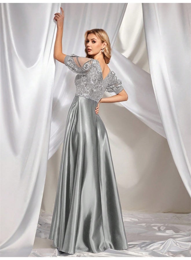 Madam Uniq Silver - Grey Embroidered Mesh - Sleeve V - Neck Maxi Gown  - Image 2