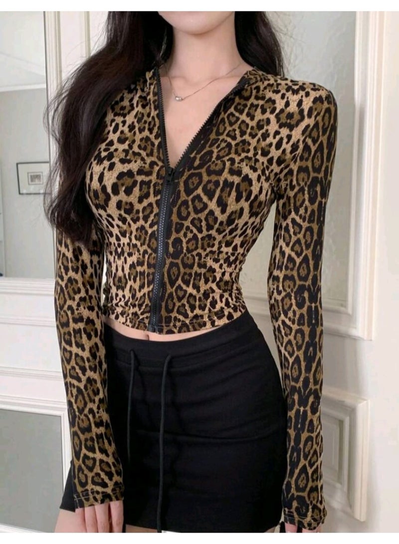 Shein DAZY Women's Leopard Print Fitted Zip Front Short Jacket, - Image 3