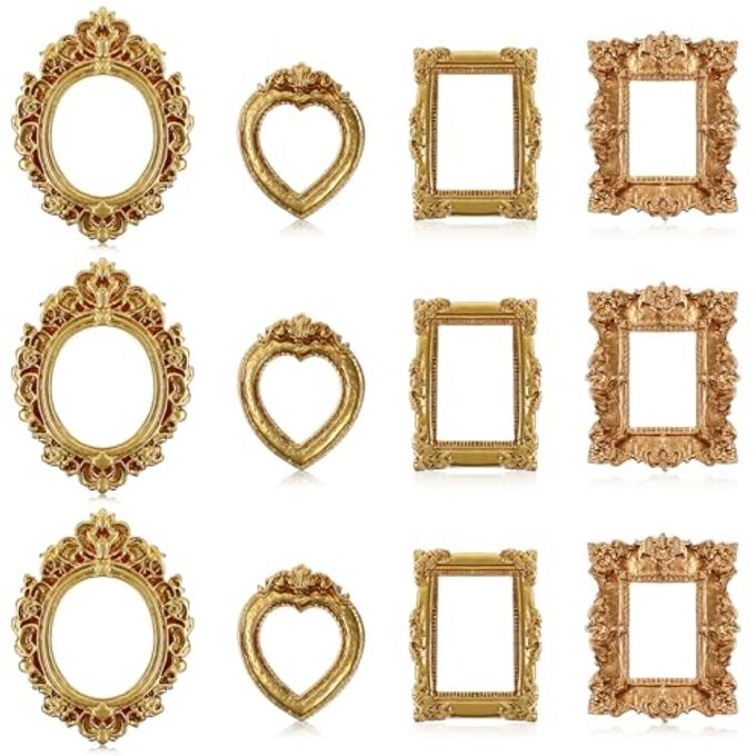 MINIATURE DOLLHOUSE MIRROR PICTURE FRAMES SET 12 PCS VINTAGE GOLD RESIN MINI FRAMES WITH CARVED DETAILS FOR WALL HANGING DESKTOP DISPLAY JEWELRY SHOWCASE DIY CRAFTS 112 SCALE DOLLHOUSE DCOR