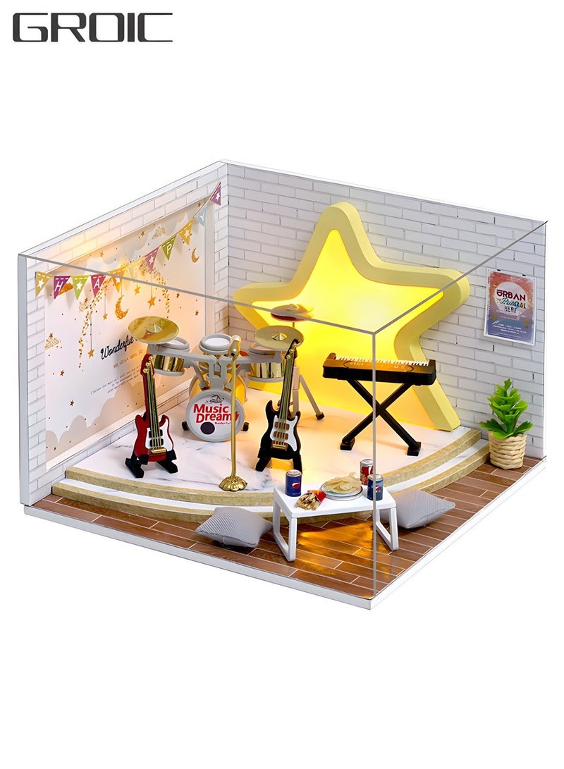 GROIC DIY Miniature Dollhouse kit, Wooden Mini Musical Instrument Room Includes Dustcover Buildable for Teens and Adults, Assembled Toys, Home Decoration - Image 1