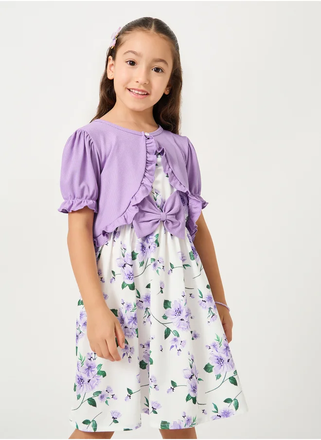 Styli All-Over Floral Print Strappy Dress with Shrug