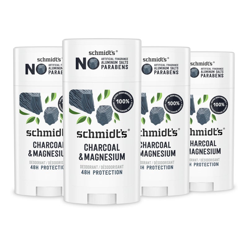 Schmidt's Aluminum-Free Vegan Deodorant Charcoal & Magnesium with 24 Hour Odor Protection, 4 Count for Women and Men, Natural Ingredients, Cruelty-Free, 2.65 oz - Image 1