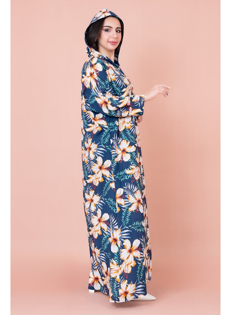 اكسا جلابية منقوشة زهور بقبعة - Image 3