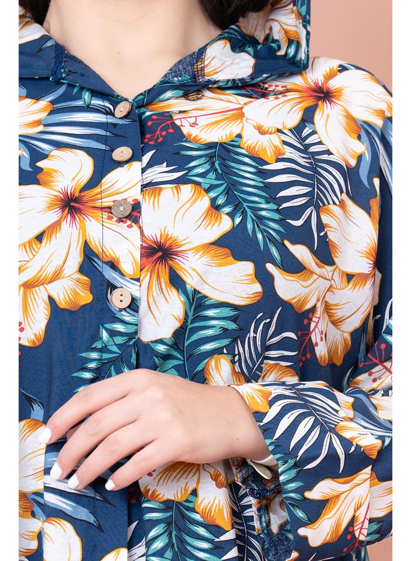 اكسا جلابية منقوشة زهور بقبعة - Image 4