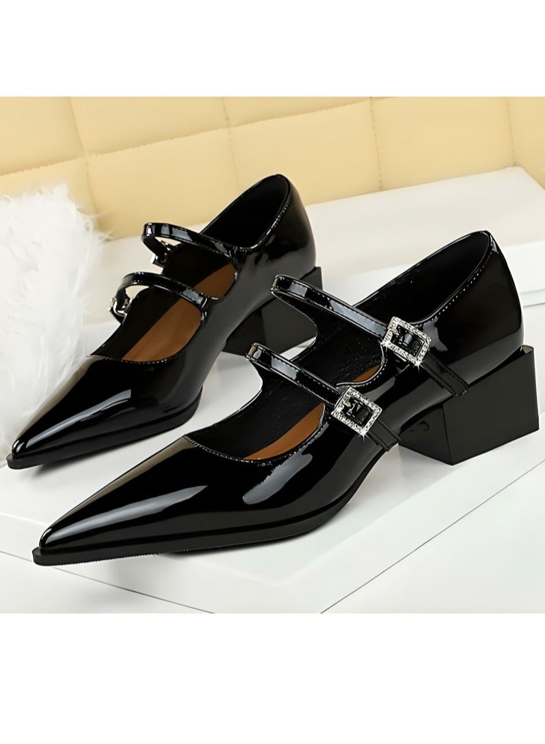 بيج تري أحذية ماري جين الكعب المنخفض المغلق إصبع القدم مع أحذية أحذية قابلة للتعديل أسود - Image 1