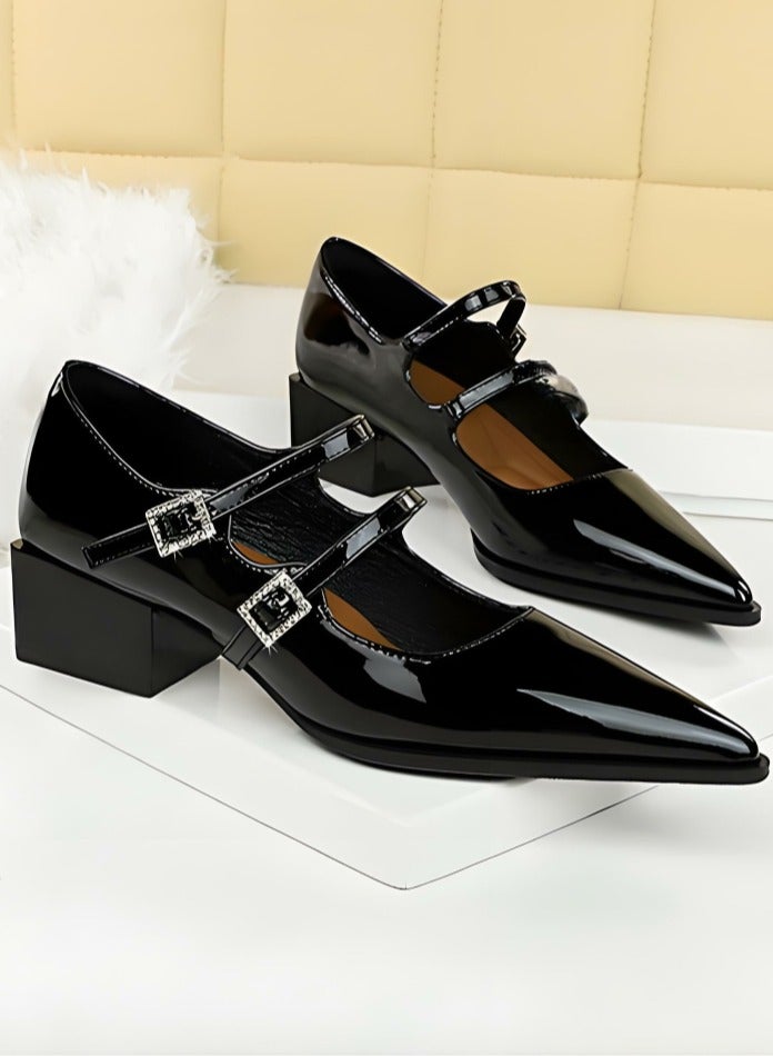 بيج تري أحذية ماري جين الكعب المنخفض المغلق إصبع القدم مع أحذية أحذية قابلة للتعديل أسود - Image 2