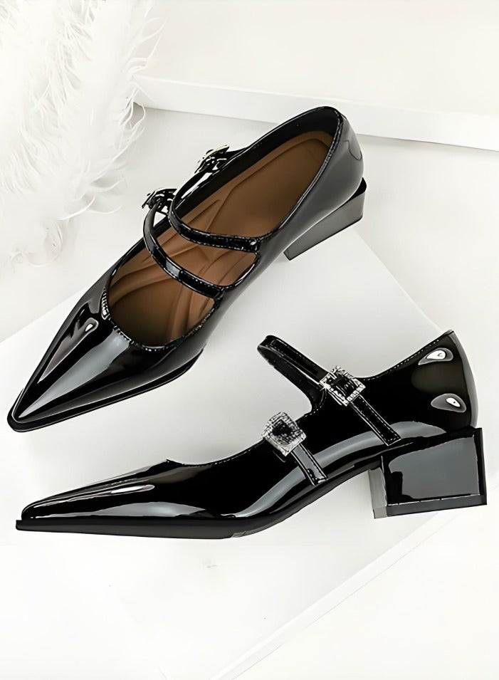 بيج تري أحذية ماري جين الكعب المنخفض المغلق إصبع القدم مع أحذية أحذية قابلة للتعديل أسود - Image 3