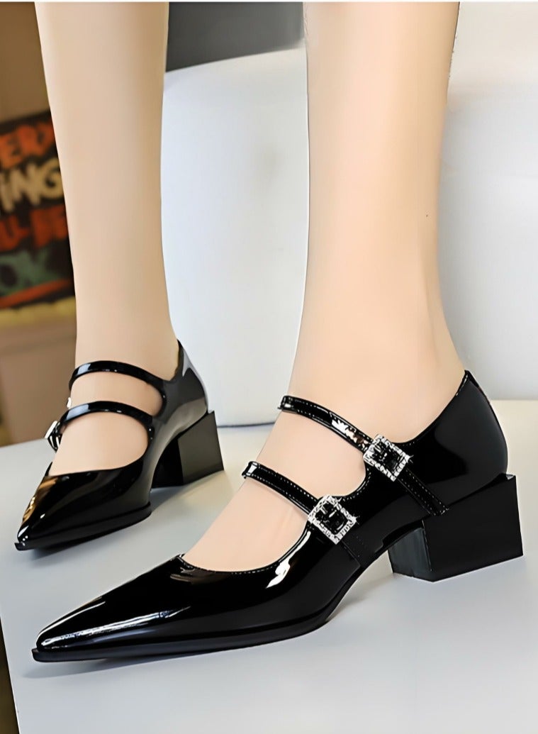 بيج تري أحذية ماري جين الكعب المنخفض المغلق إصبع القدم مع أحذية أحذية قابلة للتعديل أسود - Image 4