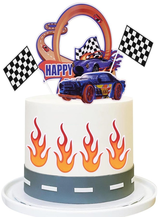 LEBERY Fire Car Cake Topper Race Car Birthday Cake Decorations Racing Car Cake Toppers Checkered Flag Hot Wheel Themed Cake Cupcake Topper for Boys Girls Racing Car Party Supplies - Image 1