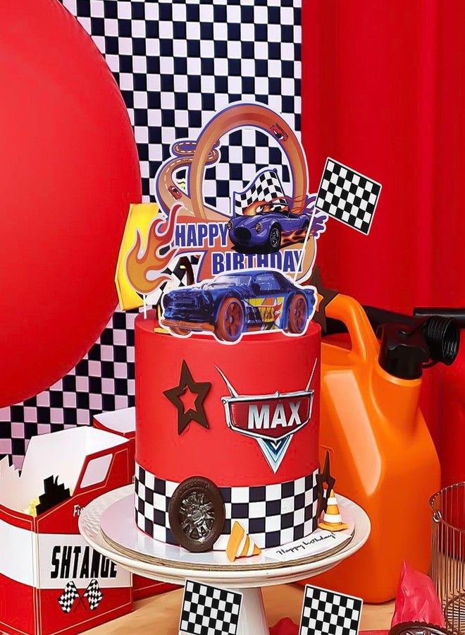 LEBERY Fire Car Cake Topper Race Car Birthday Cake Decorations Racing Car Cake Toppers Checkered Flag Hot Wheel Themed Cake Cupcake Topper for Boys Girls Racing Car Party Supplies - Image 5