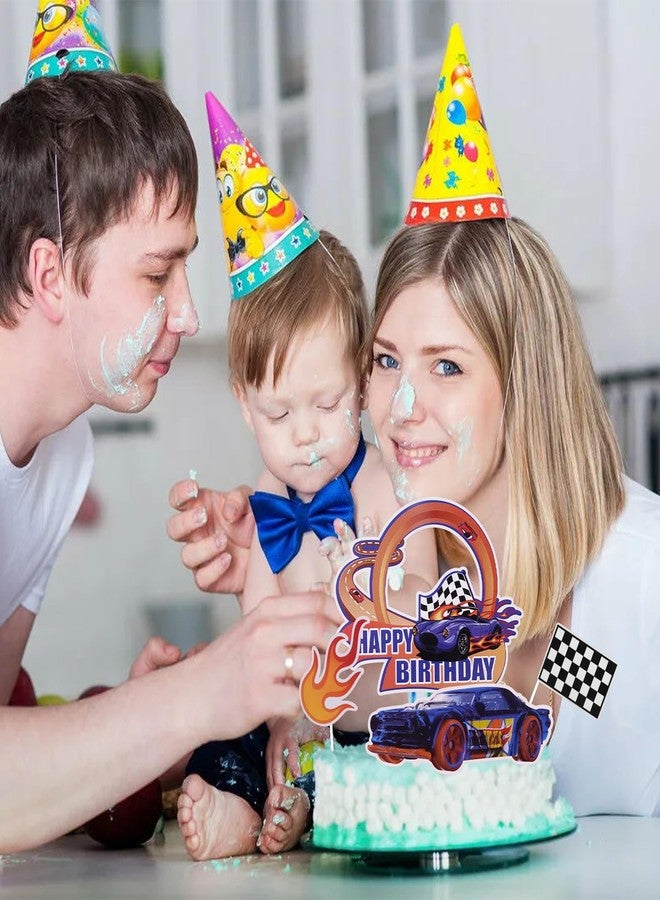 LEBERY Fire Car Cake Topper Race Car Birthday Cake Decorations Racing Car Cake Toppers Checkered Flag Hot Wheel Themed Cake Cupcake Topper for Boys Girls Racing Car Party Supplies - Image 2