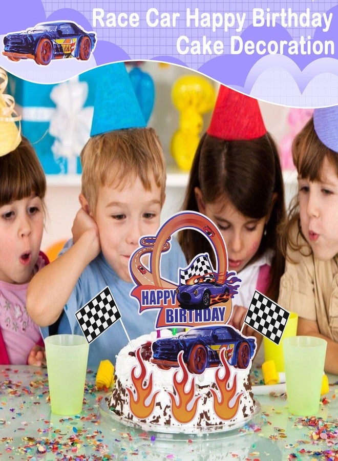 LEBERY Fire Car Cake Topper Race Car Birthday Cake Decorations Racing Car Cake Toppers Checkered Flag Hot Wheel Themed Cake Cupcake Topper for Boys Girls Racing Car Party Supplies - Image 3
