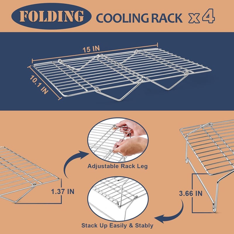 E-far 4-Tier Cooling Rack, 15”x10.1" Stainless Steel Stackable Wire Cooling Rack for Baking Cooking Cookies, Folding Leg & Non-toxic, Oven Safe & Dishwasher Safe - Image 4
