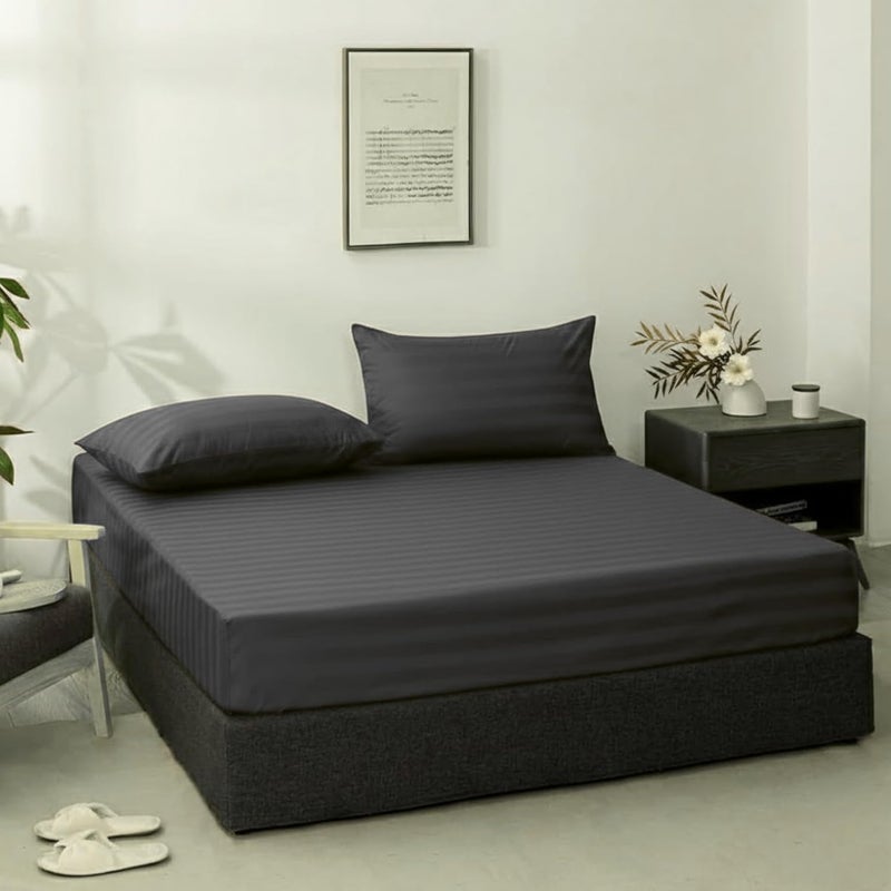 FOAM CRAFT Striped Microfiber Fitted Sheet - Grey, Queen Size (160 x 200cm) - Image 1
