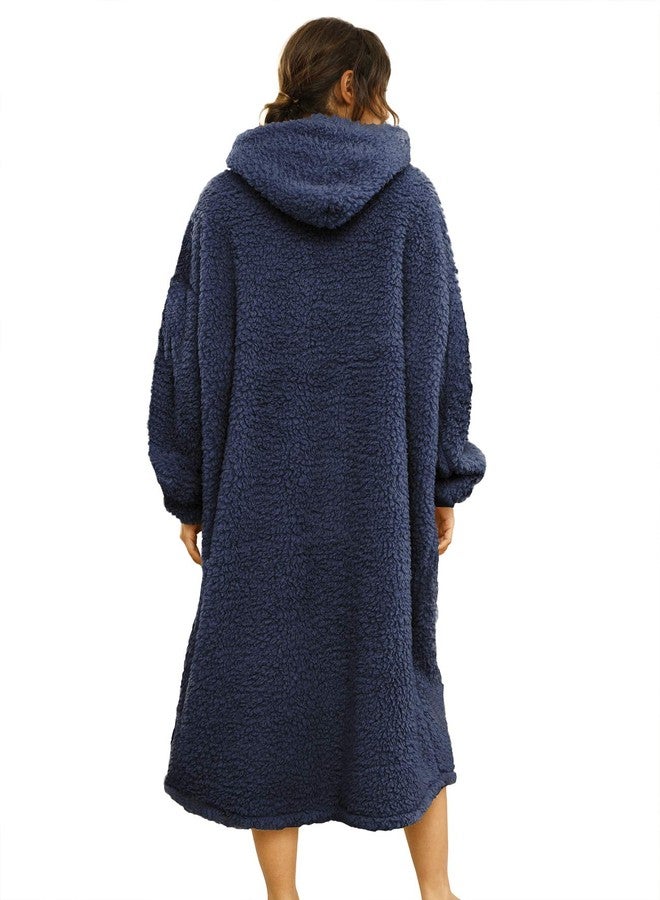 ililmmoe Sherpa Wearable Blanket Oversized Hoodie Sweatshirt TV Blanket with Long Sleeves and Pocket-Navy - Image 2