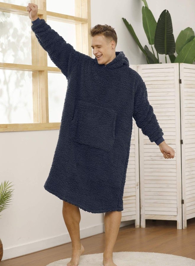 ililmmoe Sherpa Wearable Blanket Oversized Hoodie Sweatshirt TV Blanket with Long Sleeves and Pocket-Navy - Image 3