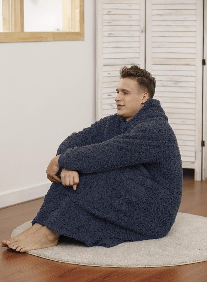 ililmmoe Sherpa Wearable Blanket Oversized Hoodie Sweatshirt TV Blanket with Long Sleeves and Pocket-Navy - Image 4