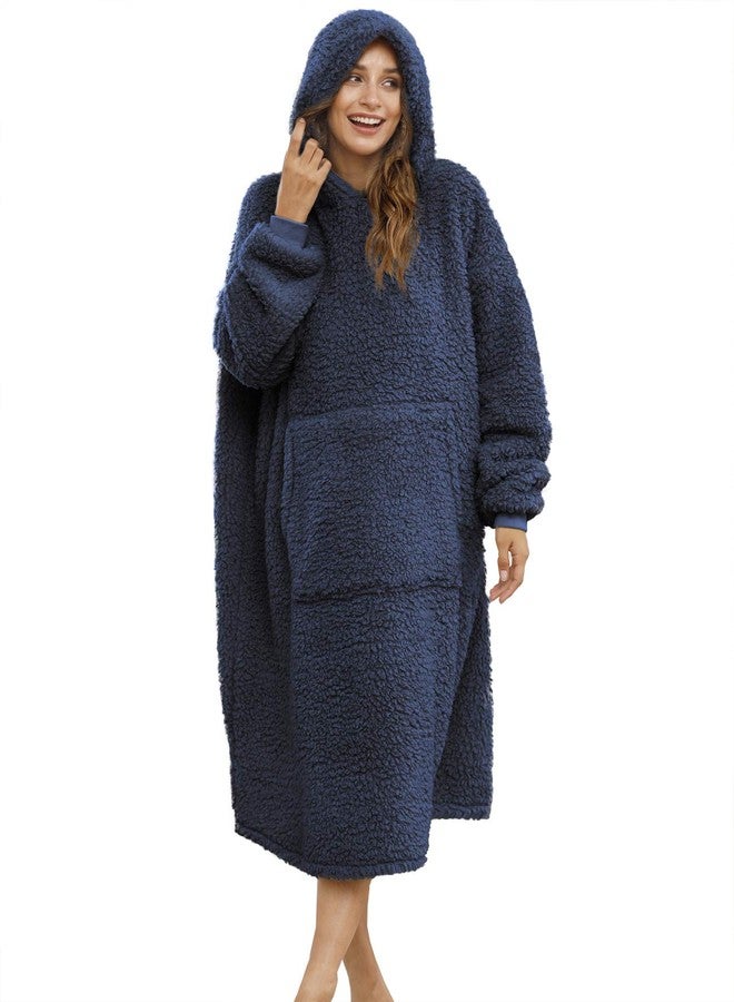ililmmoe Sherpa Wearable Blanket Oversized Hoodie Sweatshirt TV Blanket with Long Sleeves and Pocket-Navy - Image 1