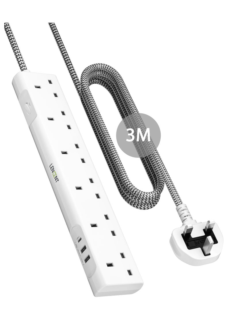 Lencent - 3M Universal Power Extension Cord with USB Slots,Versatile 6 Way Outlets Power Strip with 1 USB C and 2 USB Ports,Multi Power Plug Extension for Home,Kitchen,and Office (White) - Image 1