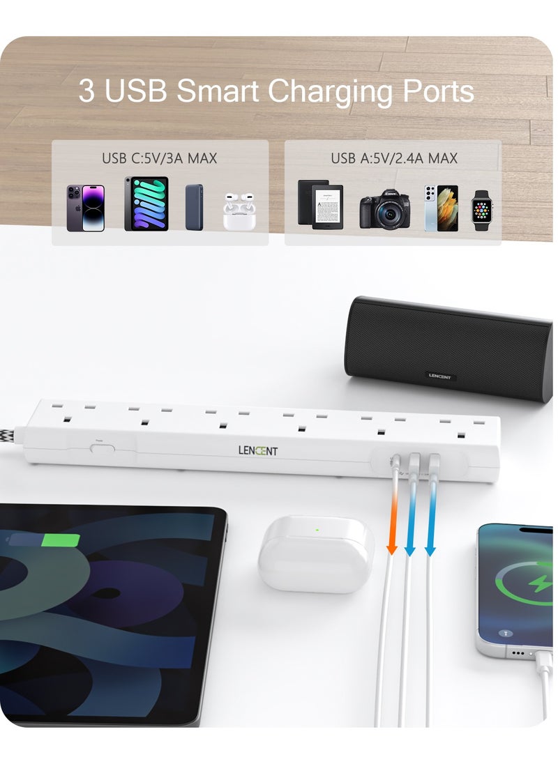 Lencent - 3M Universal Power Extension Cord with USB Slots,Versatile 6 Way Outlets Power Strip with 1 USB C and 2 USB Ports,Multi Power Plug Extension for Home,Kitchen,and Office (White) - Image 1