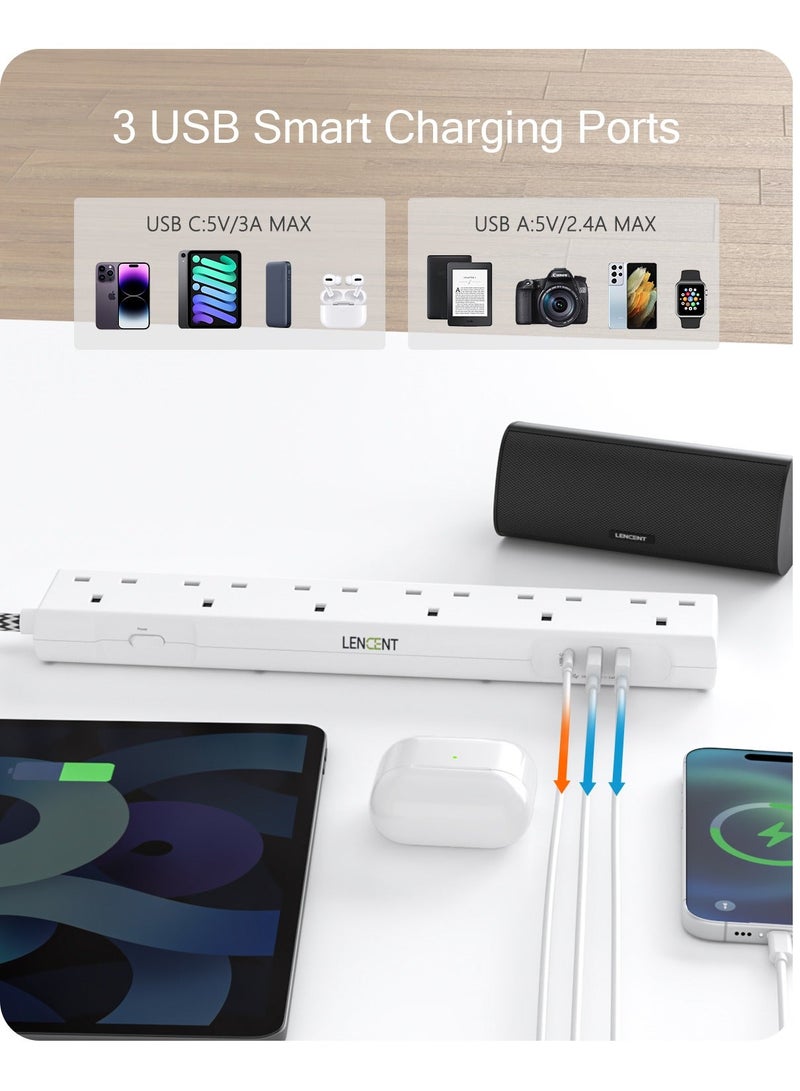 Lencent 3M Universal Power Extension Cord with USB Slots,Versatile 6 Way Outlets Power Strip with 1 USB C and 2 USB Ports,Multi Power Plug Extension for Home,Kitchen,and Office (White) - Image 3